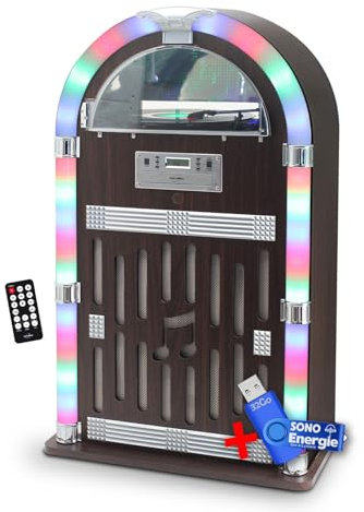 Chaîne HiFi Jubebox Retro 60W avec Tourne Disque Vinyle Bluetooth, CD, FM + télécommande+clé USB 32Go