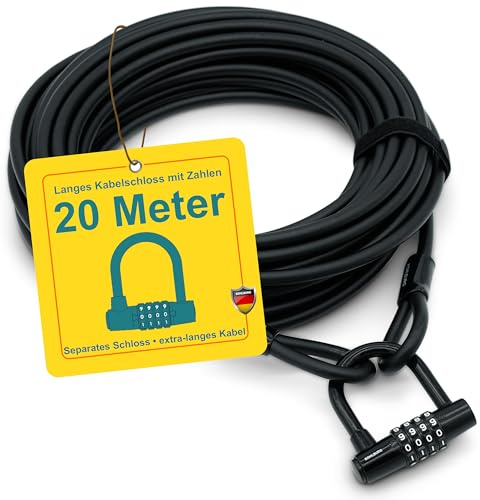 KOHLBURG Candado de cable con combinación [20 metros de largo] – Cable de acero de 20m revestido, con correas de velcro y candado de combinación – para varias bicis, embarcaciones, muebles de jardín