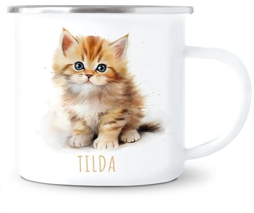 Katze Emaille Tasse Kinder personalisiert mit Namen als Geburtstagsgeschenk | Personalisiert, hochwertige Emaille, 300 ml, Kinderbecher mit Katze, Trinkbecher mit Namen
