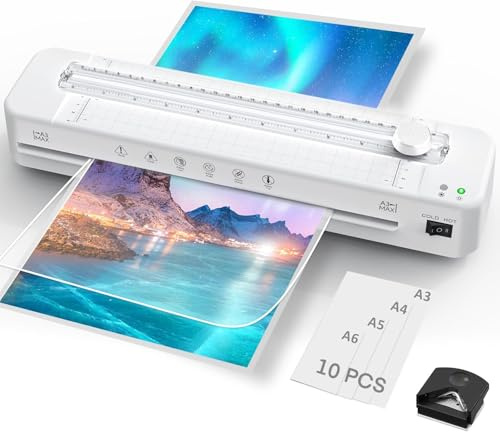 Laminator A3 Laminator Machine with Laminating Pouches for A3/A4/A5/A6, Fast Warm-up, Built-in Cutter and Corner Rounder for Home Office School Use