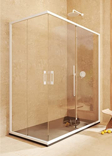 SOULBATH Mampara Angular 2 correderas + 2 fijos, con Perfil Inferior, Fácil instalación Reversible Vidrio de Seguridad 6mm antical, 77,5-80 x 97,5-100 cm Ancho Adaptable - H= 195cm, Blanco Mate