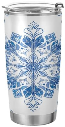 JUMBEAR Vaso de 590 ml, diseño de mandala azul, de acero inoxidable, aislado al vacío, taza de café y agua, doble pared con recubrimiento en polvo, a prueba de derrames, taza térmica para el hogar y