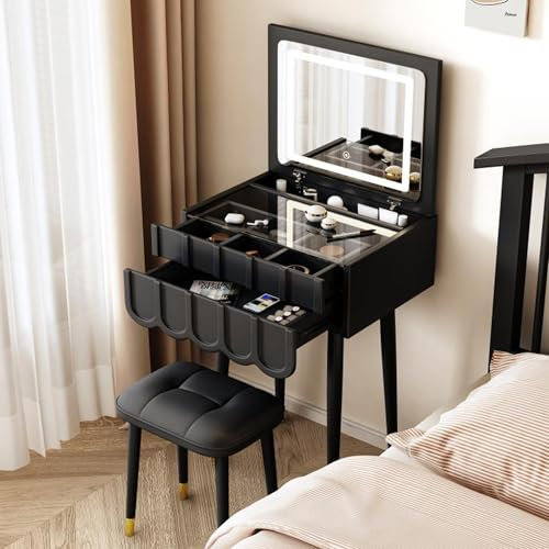 Ernqi Schminktisch mit Beleuchtung, integrierte Klappplatte, platzsparendes Design, umweltfreundliche E1-Materialien, geräuschlose Gleitschienen, Schminktisch mit bequemem Stuhl (Black,B_23.6IN)