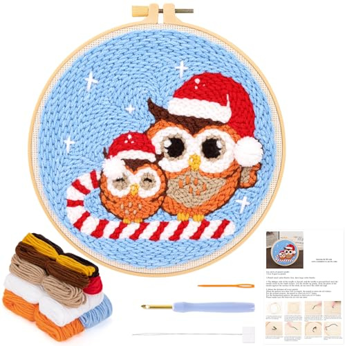 JSRQT Weihnachts Punch Needle Kit Anfänger, Stanznadel Stickerei Starter Set mit Weihnachts Eulen Muster für Erwachsene und Kinder, Handgefertigtes Kreuzstich Stickerei Set mit Punch Needle Werkzeug
