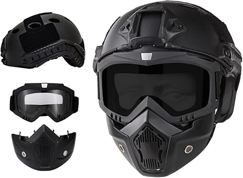 Yuxcnhaw Airsoft Helmet and Mask with Removable Anti-Fog Goggles, Black, Unisex-Adults, Helmet, Outdoor Sports (CS Games, Paintball, Motorcycling)