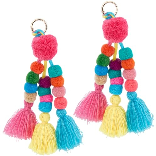 Beebeecraft 2 Stück Boho Taschenanhänger Bunt Bommel Ball Quaste Schlüsselanhänger Dunkle Farbe 925(1) cm Für Damen Handtaschen Dekoration