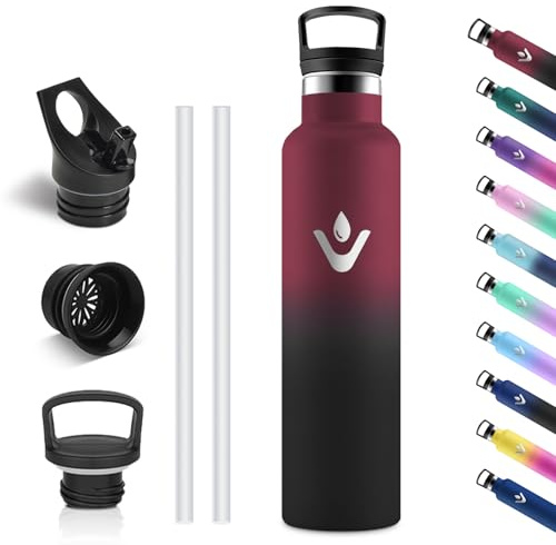 Vikastar Bouteille isotherme en acier inoxydable - 1 l - Sans BPA - Avec paille - Pour l'école, le sport, le vélo, le camping - Rouge et noir