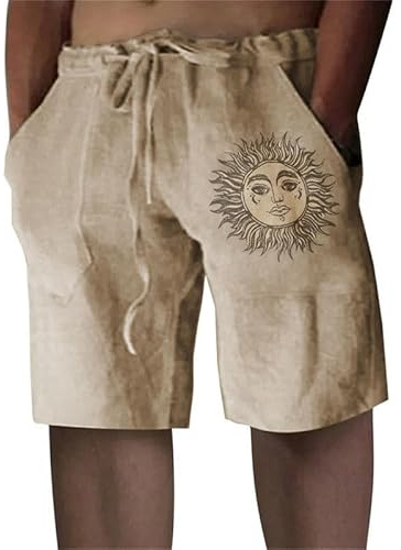 Litthing Pantalones Cortos de Lino para Hombre Pantalón Corto de Algodón Informales Cintura Elástica Verano Holgados Cordón Ligeros con Bolsillos