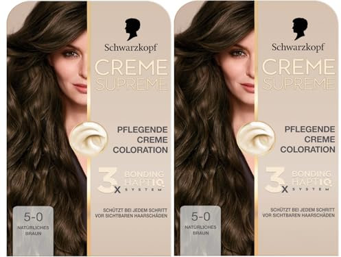 Schwarzkopf Creme Supreme Coloration 5-0 Natürliches Braun (2x 182 ml), dauerhafte Haarfarbe mit Serum und Haar-Maske schützt vor sichtbaren Haarschäden, für 100% Grauabdeckung