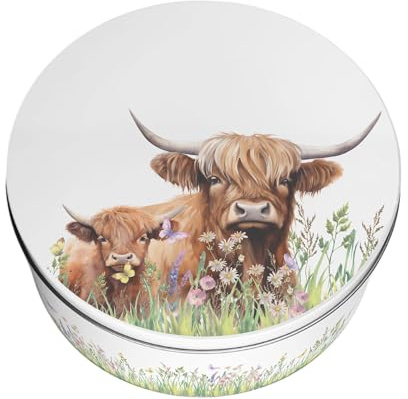 Purely Home Highland Cow & Calf Large Cake Tin - Countryside Farm Homeware Gifts Round Metal Storage Container for Baking 23 x 10cm