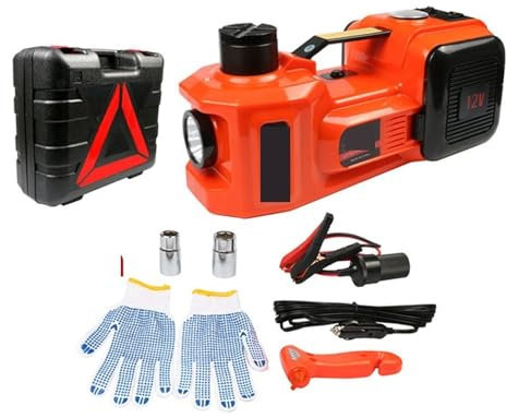 Gato hidráulico, Gato hidráulico eléctrico for coche, 12 V, 5 toneladas, 45 cm, 3 en 1, bomba infladora de neumáticos, linterna LED, martillo seguro, herramienta de reparación de neumáticos. gato para