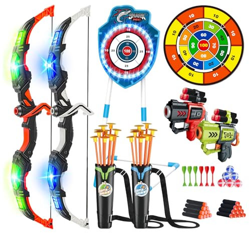 VATOS LED Pfeil- und Bogenschießen 2 Stück Spielzeug Set für Kinder 5-12 Jahre, Leuchtender Bogen und Hai Saugnapf-Standziel, 73 cm Dartscheibe, Innen Außen Spielzeug Geschenk für Jungen Mädchen