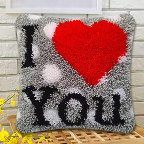 KnüpfKissen Set Erwachsene Kinder mit vordruck I Love You Rotes Herz Grau knüpfteppich zum selber knüpfen Kissenbezug Anfänger DIY Handarbeit Stickerei Sets Handgemachtes Handwerk Sofa Wohnkultur 43x4