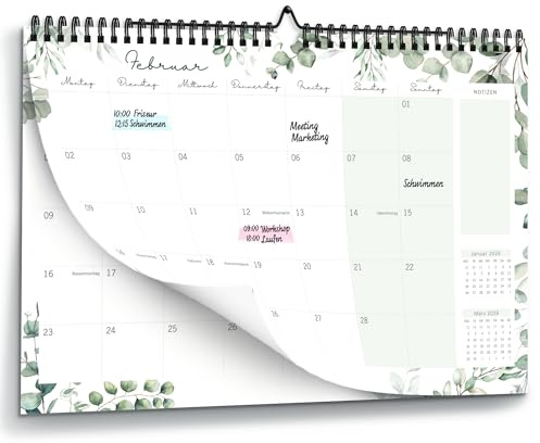 Wandkalender 2026 I Monatskalender mit Kästchen als A4 Quer Kalender I Eukalyptus, Blumen I Perfekt für Paare, Singles oder Familien I Monatsplaner für Zuhause oder Büro...