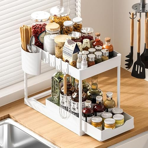 EEGAO Under Sink Storage Kitchen Organiser, 2 Tier Sliding Kitchen Storage Under Sink shelf, Multi-Purpose Organisation for Bathroom, Bottom Slide Out Basket (one, white)