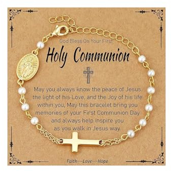 GAUEIOUR Catholic Gifts for Women Girls, Pearl Rosary Beads Virgin Mary Cross Charm Bracelet Stainless Steel Confirmation First Communion Baptism Bracelet Jewelry Gift for Daughter Sister(Gold)