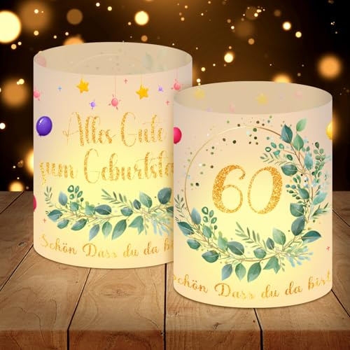 12 Windlicht Tischdeko 60 Geburtstag, 60 Jahre Happy Birthday Tischdeko, Geschenke zum 60 Geburtstag Mädchen Jungen, Geeignet für Teelichter oder Kerzen mit Schön DASS Du Da Bist und Eukalyptus