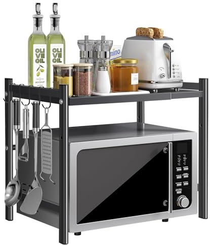 STORKING Expandable Microwave Shelf,2 Tier Microwave Stand with 4 Hooks,over microwave shelf,AIr Fryer Rack, Desktop Printer Shelf Rack, Bakers Rack,Kitchen Organiser Shelves (2 layers)