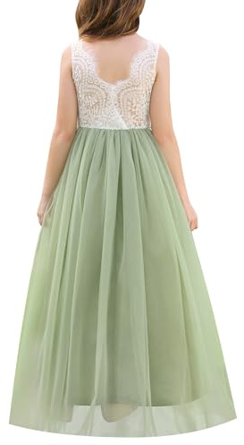 EFOGEP Vestido de encaje para niña, elegante, sin mangas, espalda en V, vestido largo de tul para fiesta, boda, dama de honor, primera comunión, cumpleaños, desfile, princesa, baile de graduación
