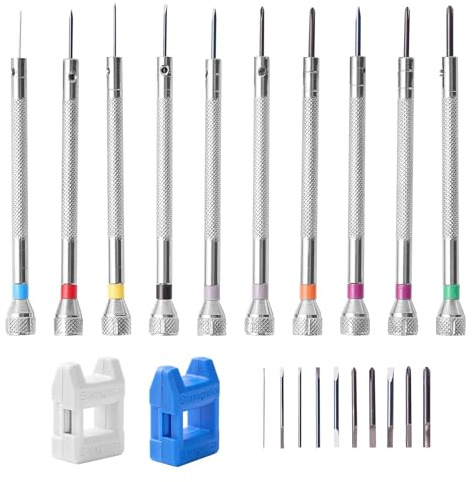 22 Pcs Watchmakers Screwdriver Set,Precision Flat Head Screwdriver Kit 0.6-1.6 mm with 10 Screwdrivers,10 Spare Blades and 2 Magnetiser/Demagnetiser Blocks for Watch,Glasses,Jewellery,Clock Repair