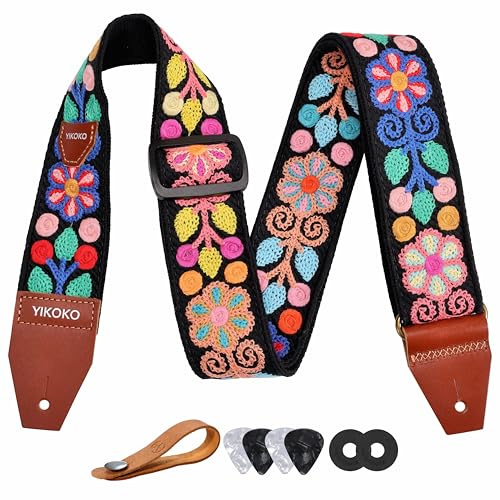 YIKOKO Gitarrengurt 5,1 cm Baumwolle Gitarrengurte mit Vollnarbenlederende für Bass-, Elektro- und Akustikgitarren