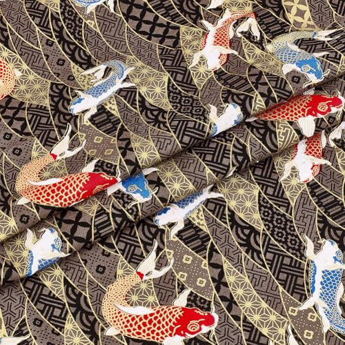 MAYJOYDIY Tessuto in cotone giapponese marrone, 1 m x 1,48 m, stampa a onde di pesce, design bronzante per cucito, abbigliamento fai da te, borse, tovaglie, trapuntature e decorazioni per la casa