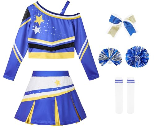 LOLANTA Costume da cheerleader scintillante per bambine con pompon, fiocco per capelli e calzini, travestimento, blu, 9-10 anni, 140