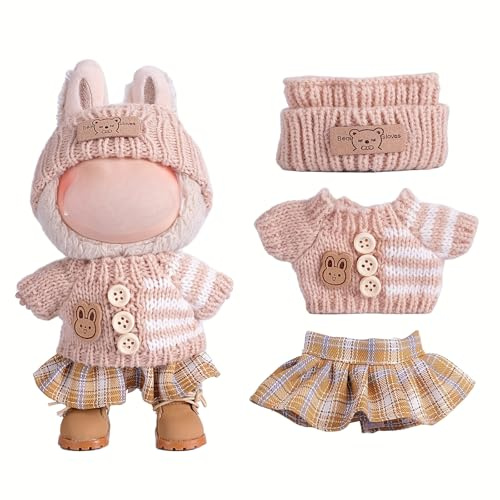 Kleidung Set für 17cm Puppe, 3 Stück Plüsch Puppenkleidung Set, Cute Strickpullover Rock Strickmütze, Kompatibel mit Cute Monster (Brauner Pullover + Rock + Mütze (ohne Schuhe))