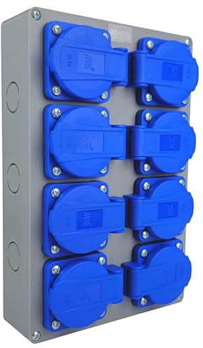 RoadEu Bloc Multiprise 8 Prises IP44 Saillie 2P+T 230V/16A Boîtier Distribution Pré-câblé Répartiteur Chantier Industriel Garage Atelier