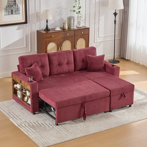 FammyLoft Modulares Sofa mit Bettkasten, Schlafsofa mit Ausziehbett, Mehrfunktionales Schlafcouch mit USB-C, Ambientebeleuchtung, Getränkehaltern Wohlfühlbereiche, für Wohnzimmer, Schlafzimmer, Rot