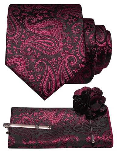 JEMYGINS Set da uomo, con cravatta, pochette quadrata, fermacravatta, gemelli, fiore di cachemire, modello da matrimonio, per affari, festa, multicolore, castano, nero, M