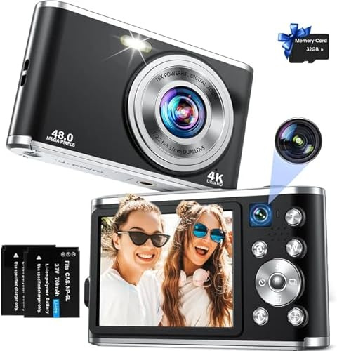 Digitalkamera, AutoFocus 4K Kompaktkamera Fotokamera mit Dual-Kamera mit 32GB Speicherkarte HD 48MP 16X Digitalzoom 2,8 großem Bildschirm Fotoapparat Digitalkamera für Einsteiger（Schwarz）