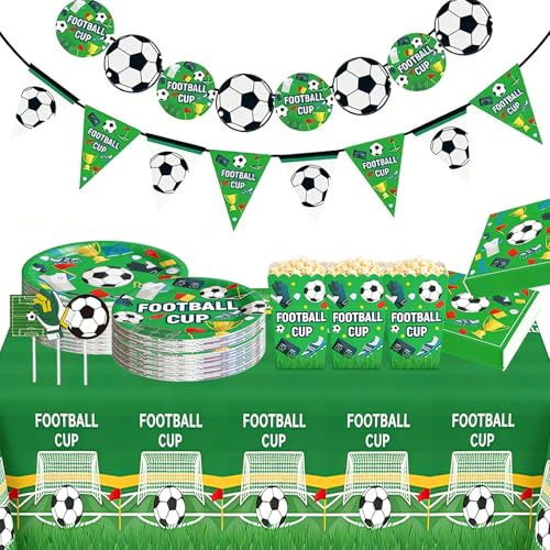 COEKI Vajilla de fiesta de fútbol para 10 invitados, Juego Completo Incluye Platos, Servilletas, Cubo de palomitas, Decoración para Fiesta de Cumpleaños Infantil Temática Deportiva