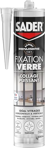 SADER Expert Menuiserie Fixation Verre - Cartouche 290 ml | Colle Transparente Ultra‑Puissante pour Verre - Intérieur/Extérieur - Maintien Immédiat