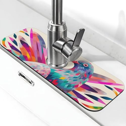 Colorful Pigeon Faucet Mat for Kitchen Sink, Super Absorbent Diatomite Faucet Handle Drip Catcher Tray Mat, Drying Mat for Bathroom Kitchen Sink Splash Guard 15 x 5.5 Inch