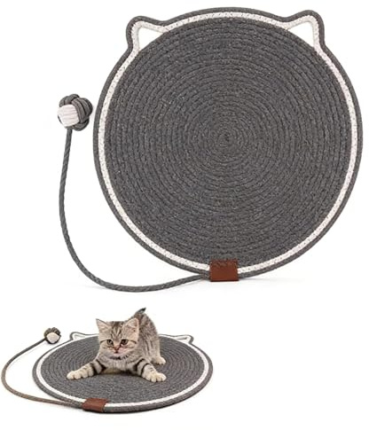 HSYTEK Kratzmatte Katze, 43cm Rundes Kratzbrett, Katzenschlafmatte, Aufhängbar Kratzteppich, Katzen Kratzmatte mit Baumwollkugel Spielzeug und Katzenohr Design, Kratzteppich für Sofa, Möbel (Grau)
