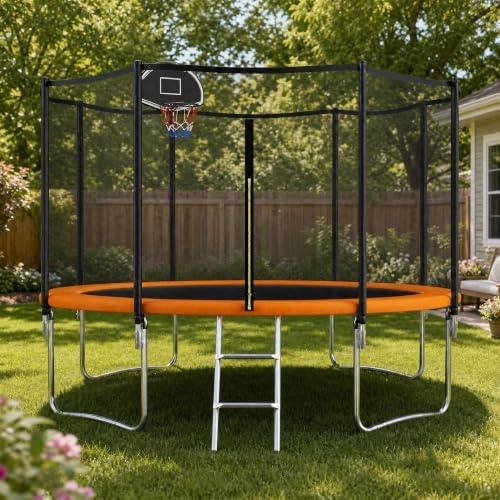 FammyLoft 12ft Trampoline with Enclosure and Ladder, Outdoor Garden Trampoline for Kids, Heavy Duty Trampoline with Basketball Hoop, Large Round Family Trampoline, Orange