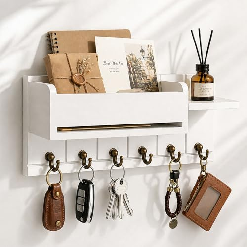 Schlüsselbrett mit Ablage und 6 Haken Weiß Holz Schlüsselhalter Wand Schlüssel Organizer mit Briefhalter für Schlüssel und Post modernes Design für Flur Eingang Wohnzimmer Küche Büro