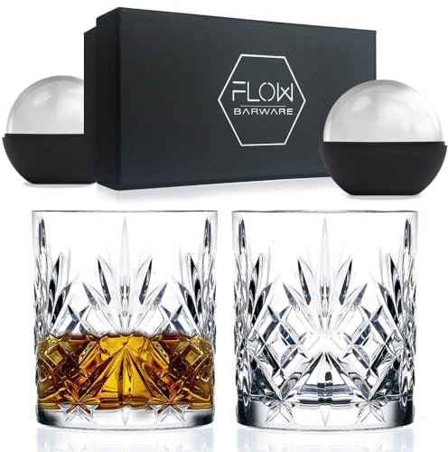 FLOW Barware Juego de 2 vasos de whisky | Regalo de whisky para hombres, para whiskey escocés, bourbon, Negroni y ron. Incluye 2 moldes grandes para bolas de hielo.