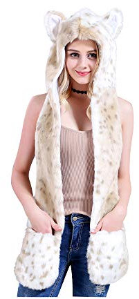 UK_Stone Damen 3 in 1 Kunstpelz Schal Handschuhe Mütze Set Verschiedene Süße Tiere Muster für Weihnachten oder Winter, Leopard Schnee