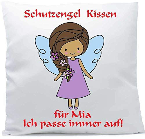 Kissen mit Namen Wunschtext Schutzengel Mädchen braune Haare 40x40 cm inkl. Füllung Kuschelkissen, Kissen Farbe:Vorderseite weiß/RS rot