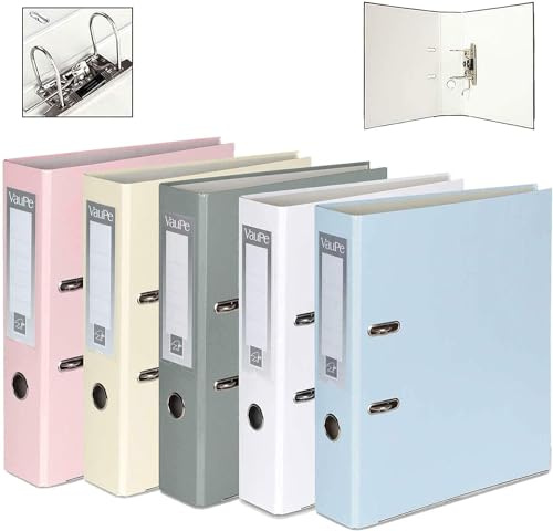 Office Centre A4 Lever Arch Files, Pastel Pack of 5, 75 mm Spines | Folders for Paperwork, over 500 Sheets Each, Compressor Bar, Polypropylene-coated Card, Metal Pull Ring, Protected Base