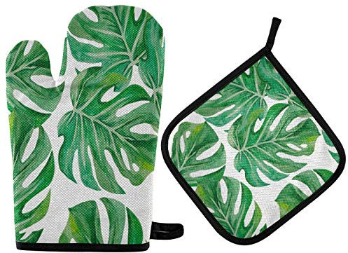 Mnsruu Monstera Ensemble gant de cuisine et manique résistant à la chaleur Motif feuilles vertes