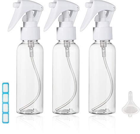 Travel Size Spray Bottle, 3.4oz/100ml Plastic Fine Mist Spray Bottle Set, Refillable Liquid Containers, 3pcs Clear Trigger Sprayer with Funnel and Labels for Styling Kitchen Home Office Cleaning