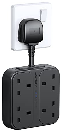 JSVER Extension Lead with 4 USB Ports Plug Extension with 4 Outlets (3250W) and 1 USB C Port,3 USB A Ports Power Socket Surge Protection for Home Travel, Black