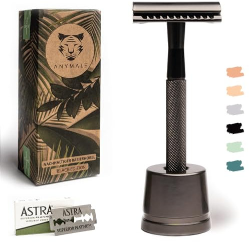 ANYMALE® Rasierhobel Black Edition - Set mit Ständer 5 Wechselklingen und Klingenschutz - Zero Waste Rasierer für Damen und Herren