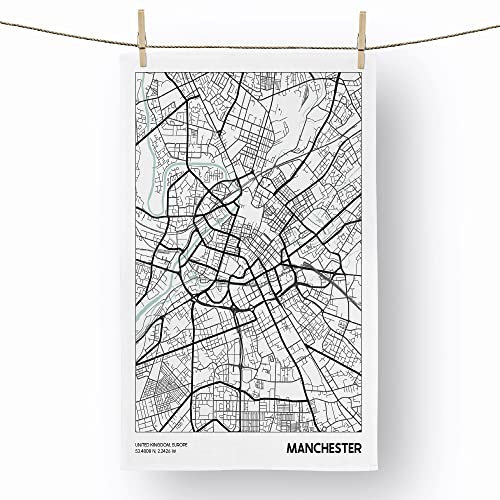 Big Box Art Map Manchester UK - 100% Cotton (72 x 44 cm) Kitchen Tea Towel, Dish Cloth for Drying, Cleaning and Washing - Absorbent and Quick Drying