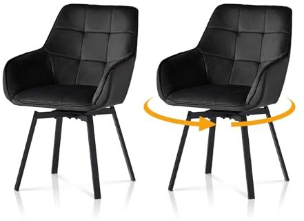TUKAILAI Esszimmerstühle Drehbar Samt mit Armlehnen, Schwarz, 2er Set | Drehstuhle esszimmer,Armlehnstuhle,Küchenstühle,Rückenlehne, Gepolsterter Sitz, Metallbeine,für Esszimmer Wohnzimmer Küche
