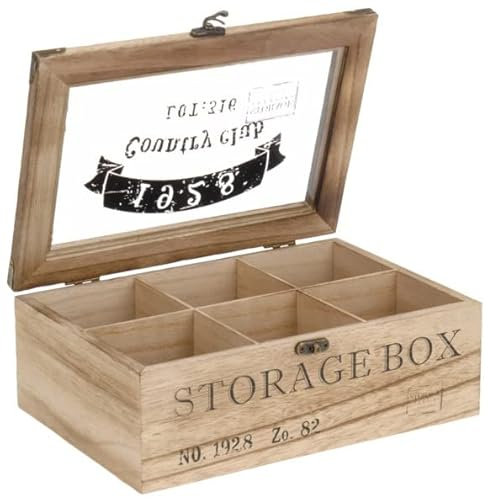 6 Compartment Wooden Tea Box with Glass Lid & Clasp Lock - Tea Bag Storage Organiser