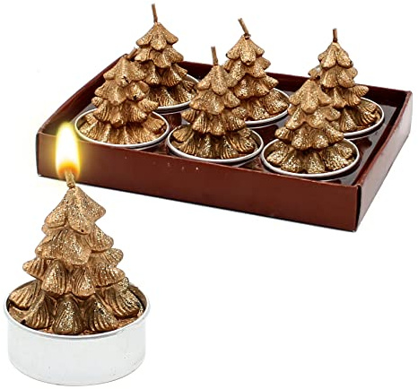 Dekohelden24 6er Set Teelicht Tannenbaum in Gold, Maße je Teelicht L/B/H: 4 x 4 x 5,5 cm.